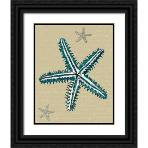 Blue Starfish on Taupe a Black Ornate Wood Framed Art Print with Double Matting by Fab Funky