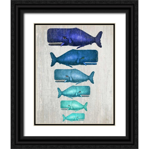 Whale Family Blue On White Black Ornate Wood Framed Art Print with Double Matting by Fab Funky