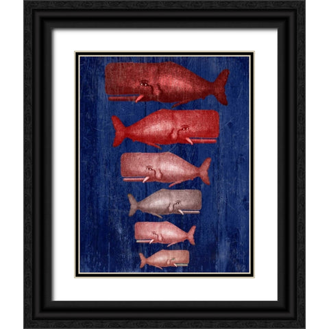 Whale Family Red On Blue Black Ornate Wood Framed Art Print with Double Matting by Fab Funky