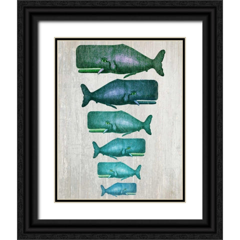Whale Family Green on White Black Ornate Wood Framed Art Print with Double Matting by Fab Funky