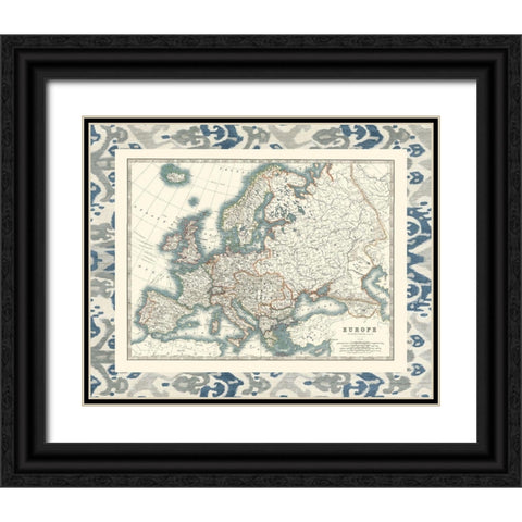 Bordered Map of Europe Black Ornate Wood Framed Art Print with Double Matting by Johnston