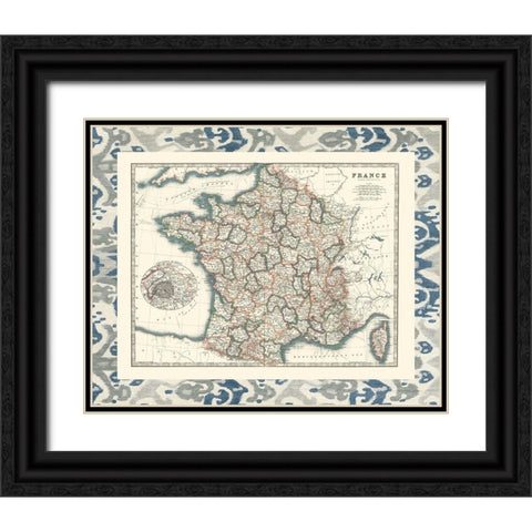 Bordered Map of France Black Ornate Wood Framed Art Print with Double Matting by Johnston