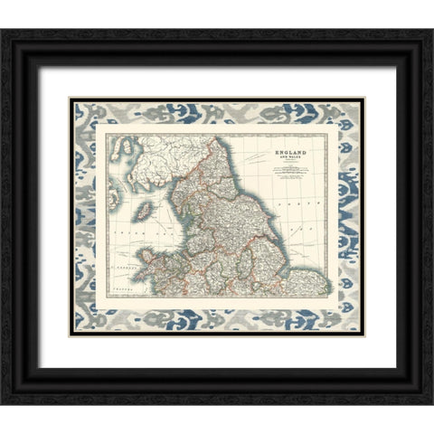 Bordered Map of England And Wales Black Ornate Wood Framed Art Print with Double Matting by Johnston