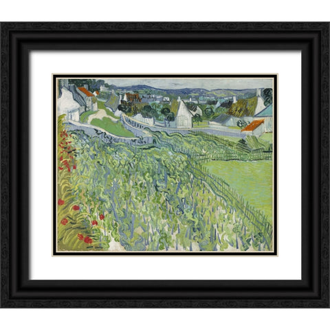 Vineyards at Auvers Black Ornate Wood Framed Art Print with Double Matting by Van Gogh, Vincent