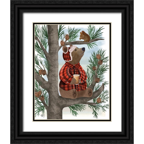 Lumberjack Bear Pine Tree Coffee Break Black Ornate Wood Framed Art Print with Double Matting by Fab Funky