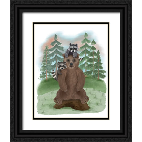 Bear and Raccoon Friends Black Ornate Wood Framed Art Print with Double Matting by Fab Funky