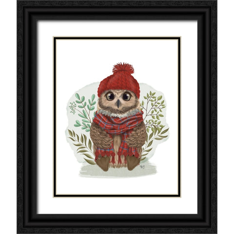 Owl in Tartan Scarf Black Ornate Wood Framed Art Print with Double Matting by Fab Funky
