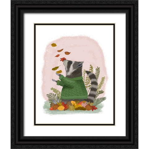 Raccoon Catching Leaves Black Ornate Wood Framed Art Print with Double Matting by Fab Funky
