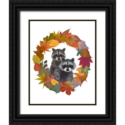Raccoons Autumn Leaf Wreath Black Ornate Wood Framed Art Print with Double Matting by Fab Funky