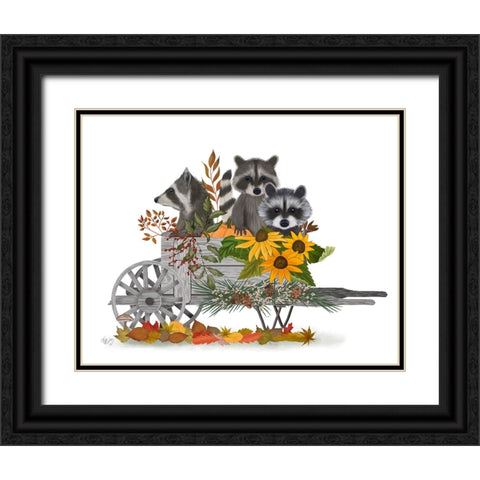 Raccoon Wheelbarrow Black Ornate Wood Framed Art Print with Double Matting by Fab Funky
