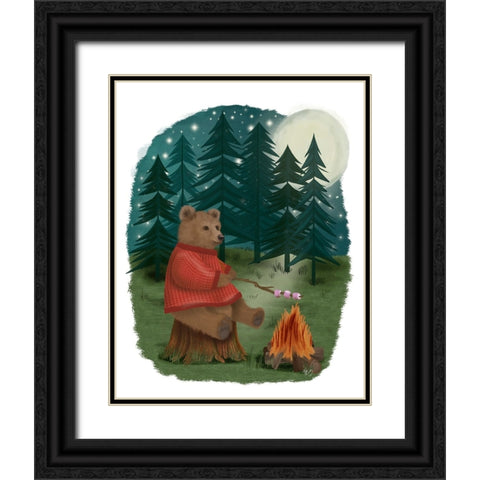 Bear Roasting Marshmallows Black Ornate Wood Framed Art Print with Double Matting by Fab Funky