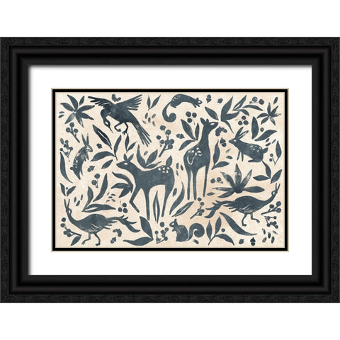Woodland Woodblock Collection A Black Ornate Wood Framed Art Print with Double Matting by Vess, June Erica
