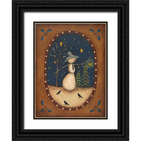 Snowman Lantern Black Ornate Wood Framed Art Print with Double Matting by Lewis, Kim