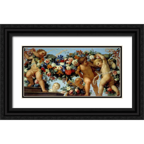 Amours et guirlandes de fleurs I Black Ornate Wood Framed Art Print with Double Matting by Maratta, Carlo