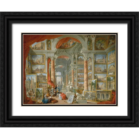 Galleria con vedute di Roma antica Black Ornate Wood Framed Art Print with Double Matting by Panini, Giovanni Paolo