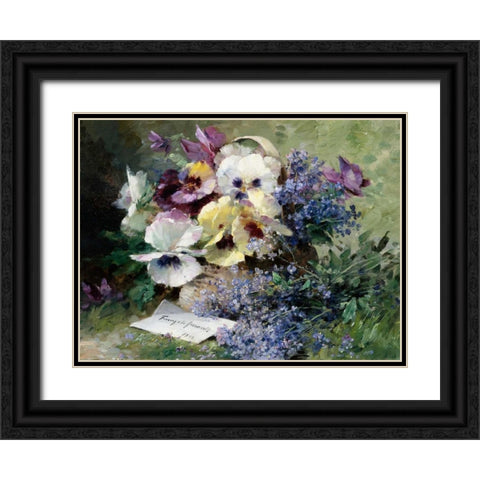 Pansies and Forget Me Not Black Ornate Wood Framed Art Print with Double Matting by Furcy de Lavault, Albert-Tibulle