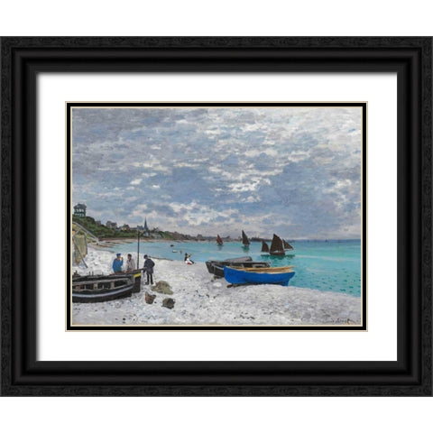The Beach at Sainte-Adresse Black Ornate Wood Framed Art Print with Double Matting by Monet, Claude