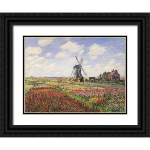 Tulip Fields with Windmill Black Ornate Wood Framed Art Print with Double Matting by Monet, Claude