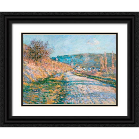 The Road to Vetheuil Black Ornate Wood Framed Art Print with Double Matting by Monet, Claude