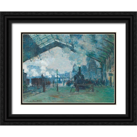 Arrival of the Normandy Train - Gare Saint-Lazare Black Ornate Wood Framed Art Print with Double Matting by Monet, Claude
