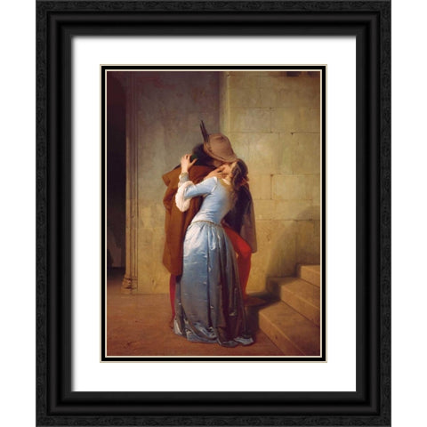 The Kiss Black Ornate Wood Framed Art Print with Double Matting by Hayez, Francesco