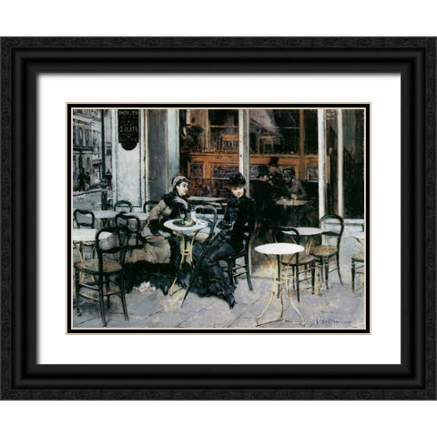 Conversazione al caffe Parigi Black Ornate Wood Framed Art Print with Double Matting by Boldini, Giovanni