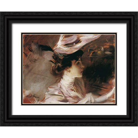 Il cappellino nuovo-Lina Cavalieri Black Ornate Wood Framed Art Print with Double Matting by Boldini, Giovanni