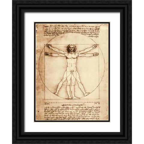 Vitruvian Man Black Ornate Wood Framed Art Print with Double Matting by da Vinci, Leonardo