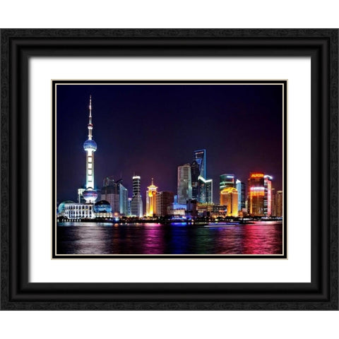 Shanghai at night Black Ornate Wood Framed Art Print with Double Matting by Ratsenskiy, Vadim