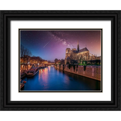 Notre-Dame de Paris at night, France Black Ornate Wood Framed Art Print with Double Matting by Frank, Assaf
