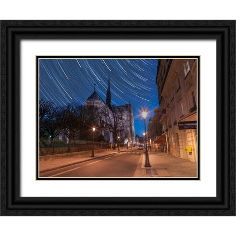 Star Trails above Notre-Dame de Paris Black Ornate Wood Framed Art Print with Double Matting by Frank, Assaf