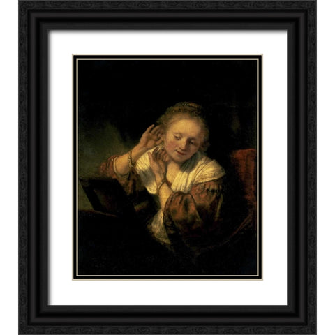 Young Woman Trying Earrings, 1654 Black Ornate Wood Framed Art Print with Double Matting by Rembrandt