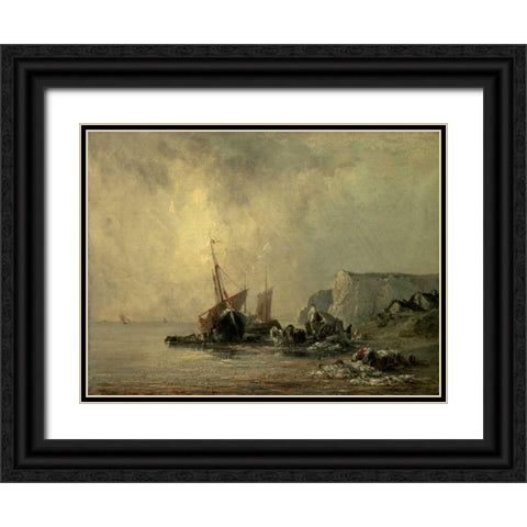 Boats by the Normandy Shore Black Ornate Wood Framed Art Print with Double Matting by Bonington, Richard Parkes
