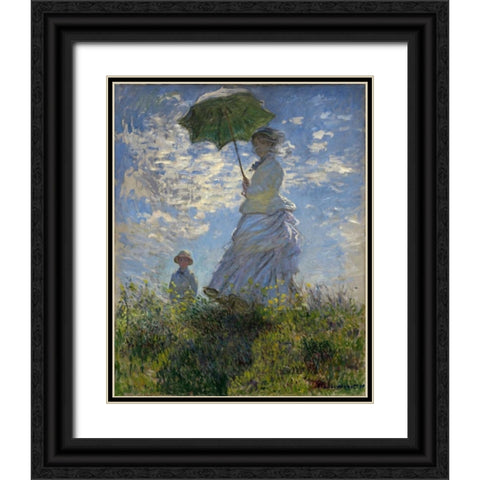 Woman with a Parasol - Madame Monet and Her Son Black Ornate Wood Framed Art Print with Double Matting by Monet, Claude