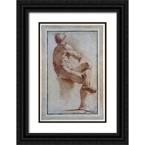 A Male Nude Seated With His Back Turned Black Ornate Wood Framed Art Print with Double Matting by Carracci, Annibale