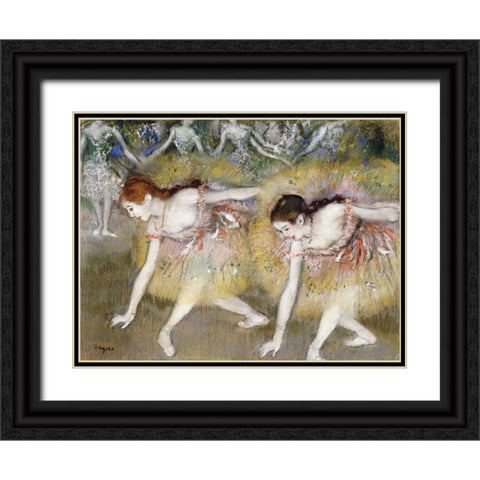 Dancers Bending Down Black Ornate Wood Framed Art Print with Double Matting by Degas, Edgar