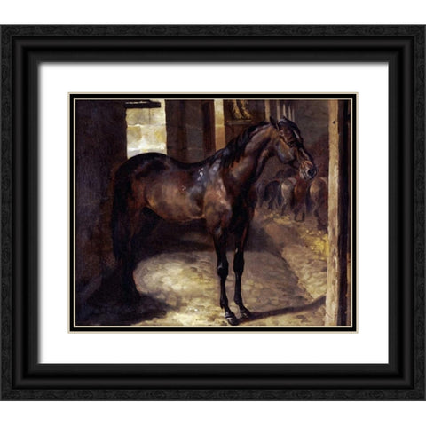 Anglo-Arabian Stallion In The Imperial Stables at Versailles Black Ornate Wood Framed Art Print with Double Matting by Gericault, Theodore
