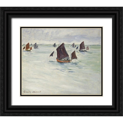 Fishing Boats off Pourville, 1882 Black Ornate Wood Framed Art Print with Double Matting by Monet, Claude