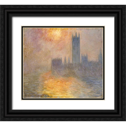 Parliament at Sunset Black Ornate Wood Framed Art Print with Double Matting by Monet, Claude