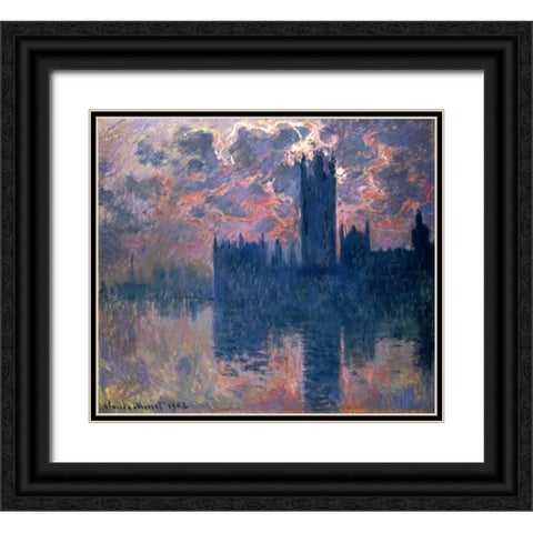 Parliament, Sunset Black Ornate Wood Framed Art Print with Double Matting by Monet, Claude