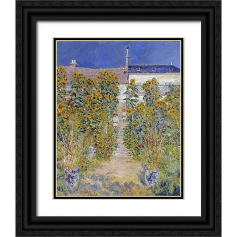 The Artists Garden at Vetheuil Black Ornate Wood Framed Art Print with Double Matting by Monet, Claude