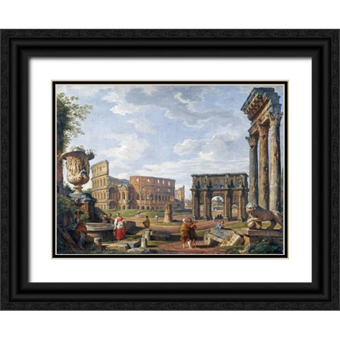 A Capriccio View of Rome With The Colosseum Black Ornate Wood Framed Art Print with Double Matting by Panini, Giovanni Paolo