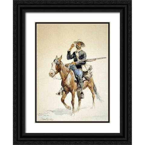 A Mounted Infantryman Black Ornate Wood Framed Art Print with Double Matting by Remington, Frederic