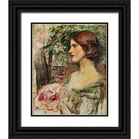 Portrait of a Lady In a Green Dress Black Ornate Wood Framed Art Print with Double Matting by Waterhouse, John William