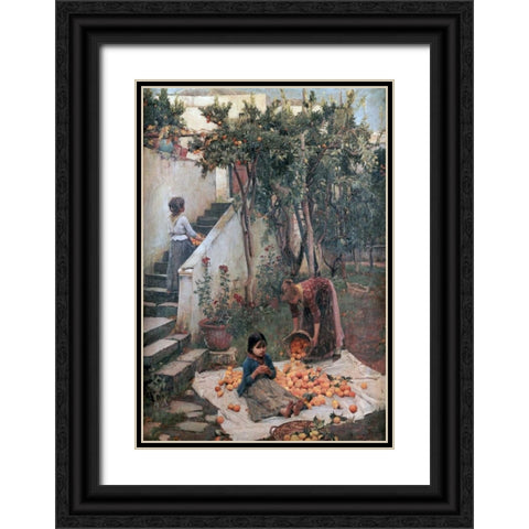 The Orange Gatherers Black Ornate Wood Framed Art Print with Double Matting by Waterhouse, John William