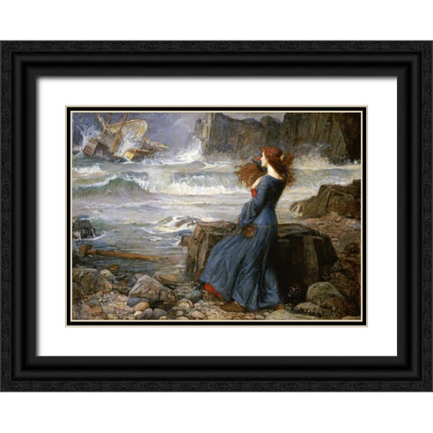 Miranda - The Tempest Black Ornate Wood Framed Art Print with Double Matting by Waterhouse, John William