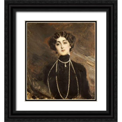 Portrait of Lina Cavalieri Black Ornate Wood Framed Art Print with Double Matting by Boldini, Giovanni