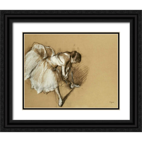 Dancer Adjusting Her Shoe Black Ornate Wood Framed Art Print with Double Matting by Degas, Edgar