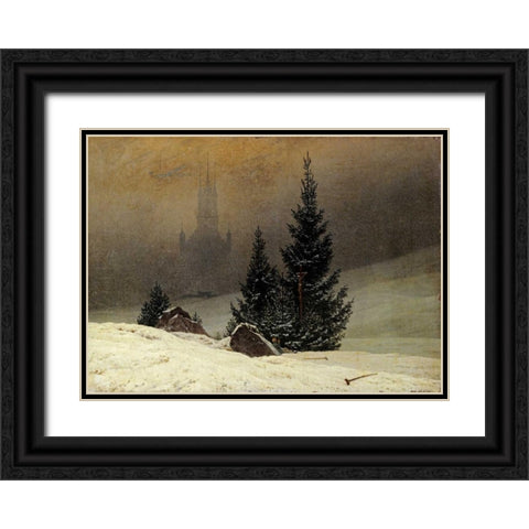 Winter Landscape With a Church Black Ornate Wood Framed Art Print with Double Matting by Friedrich, Caspar David