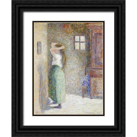 Country Girl at Her Toilet Black Ornate Wood Framed Art Print with Double Matting by Pissarro, Camille